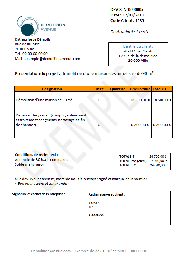 Exemple d'un devis d'entreprise de démolition
